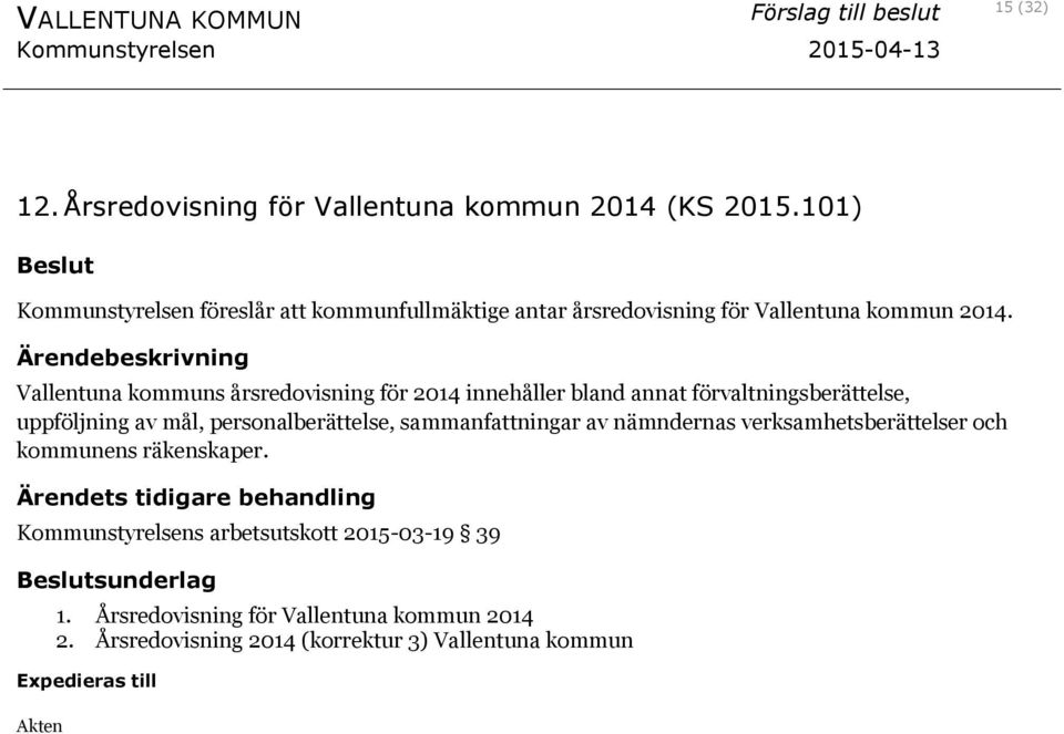 Vallentuna kommuns årsredovisning för 2014 innehåller bland annat förvaltningsberättelse, uppföljning av mål, personalberättelse,