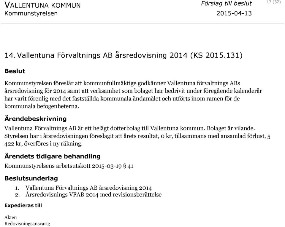varit förenlig med det fastställda kommunala ändamålet och utförts inom ramen för de kommunala befogenheterna. Vallentuna Förvaltnings AB är ett helägt dotterbolag till Vallentuna kommun.