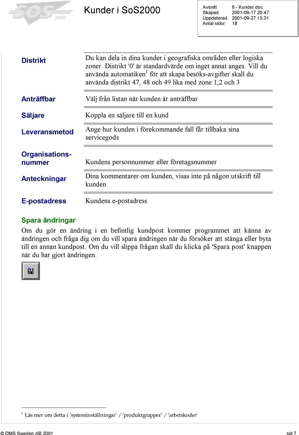 Vill du använda automatiken 1 för att skapa besöks-avgifter skall du använda distrikt 47, 48 och 49 lika med zone 1,2 och 3 Välj från listan när kunden är anträffbar Koppla en säljare till en kund