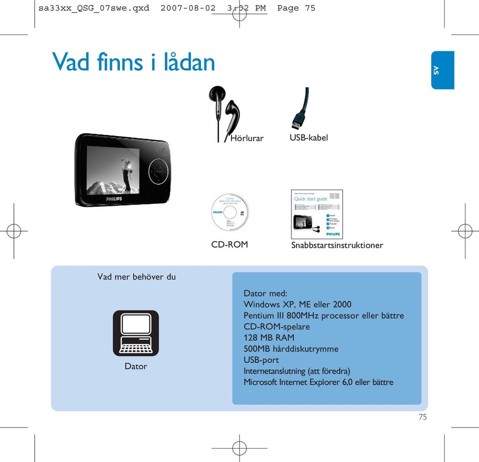 Philips GoGear audio video player EN Quick start guide 1 NL FR Guide de démarrage rapide 13 IT ES Guía de inicio rápido 25 SV DE Kurzbedienungsanleitung 37 RU SA3314 SA3315 SA3324 SA3325 SA3344
