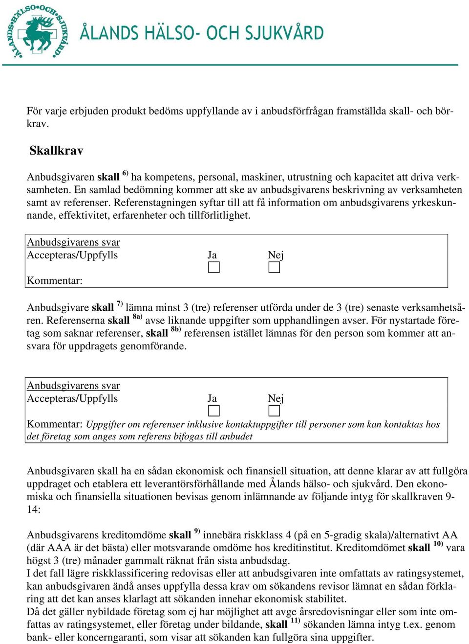 En samlad bedömning kommer att ske av anbudsgivarens beskrivning av verksamheten samt av referenser.