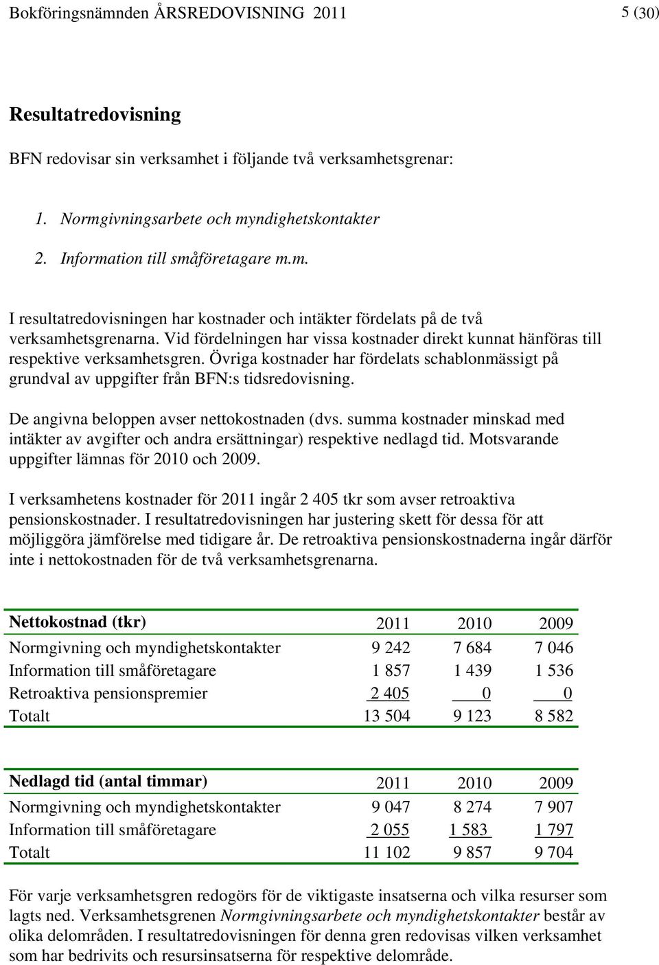 Vid fördelningen har vissa kostnader direkt kunnat hänföras till respektive verksamhetsgren. Övriga kostnader har fördelats schablonmässigt på grundval av uppgifter från BFN:s tidsredovisning.