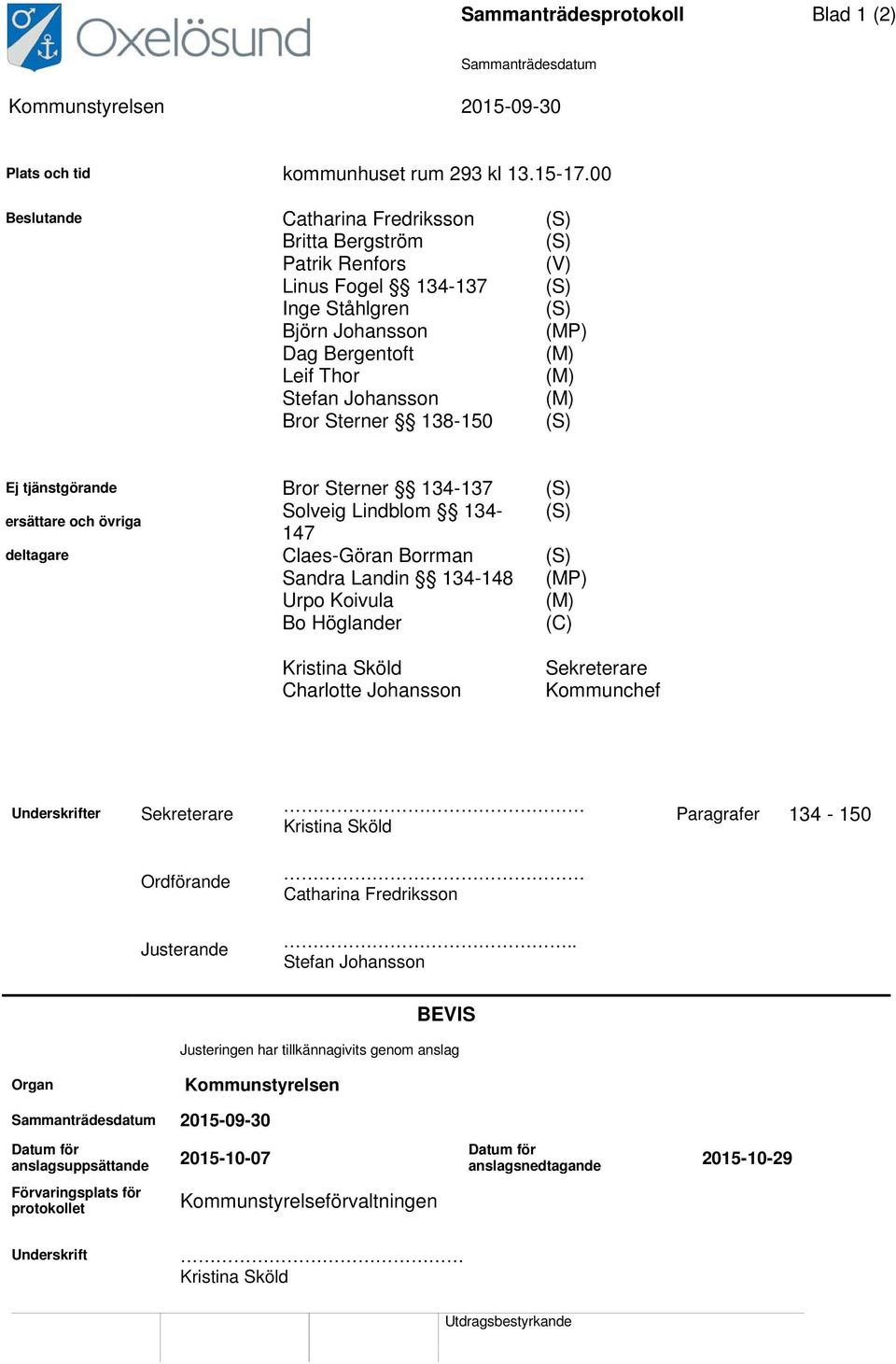 Bror Sterner 138-150 (S) Ej tjänstgörande Bror Sterner 134-137 (S) ersättare och övriga Solveig Lindblom 134- (S) 147 deltagare Claes-Göran Borrman (S) Sandra Landin 134-148 (MP) Urpo Koivula (M) Bo