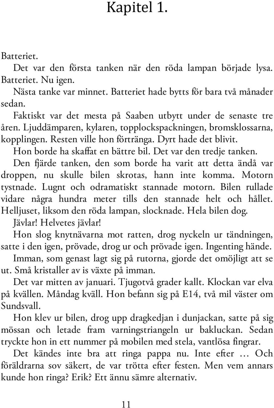 Hon borde ha skaffat en bättre bil. Det var den tredje tanken. Den fjärde tanken, den som borde ha varit att detta ändå var droppen, nu skulle bilen skrotas, hann inte komma. Motorn tystnade.