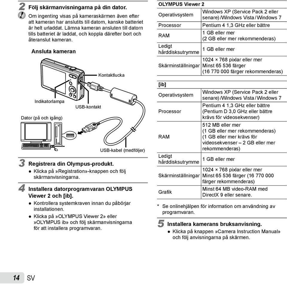 Ansluta kameran Indikatorlampa Dator (på och igång) USB-kontakt Kontaktlucka USB-kabel (medföljer) 3 Registrera din Olympus-produkt. Klicka på»registration»-knappen och följ skärmanvisningarna.