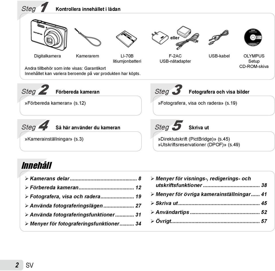 19) Steg 4 Så här använder du kameran»kamerainställningar» (s.3) Steg 5 Skriva ut»direktutskrift (PictBridge)» (s.45)»utskriftsreservationer (DPOF)» (s.49) Innehåll Kamerans delar.