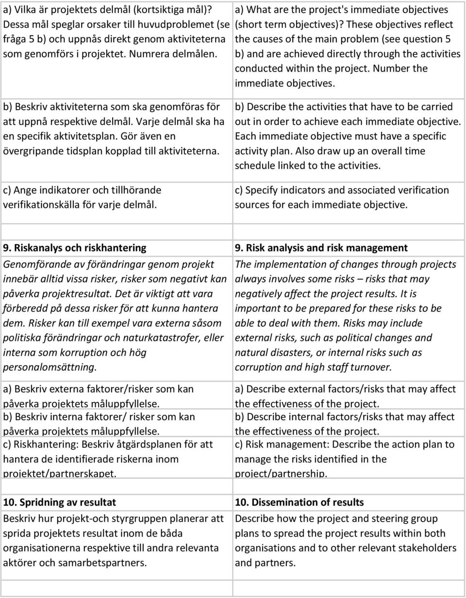 b) and are achieved directly through the activities conducted within the project. Number the immediate objectives. b) Beskriv aktiviteterna som ska genomföras för att uppnå respektive delmål.