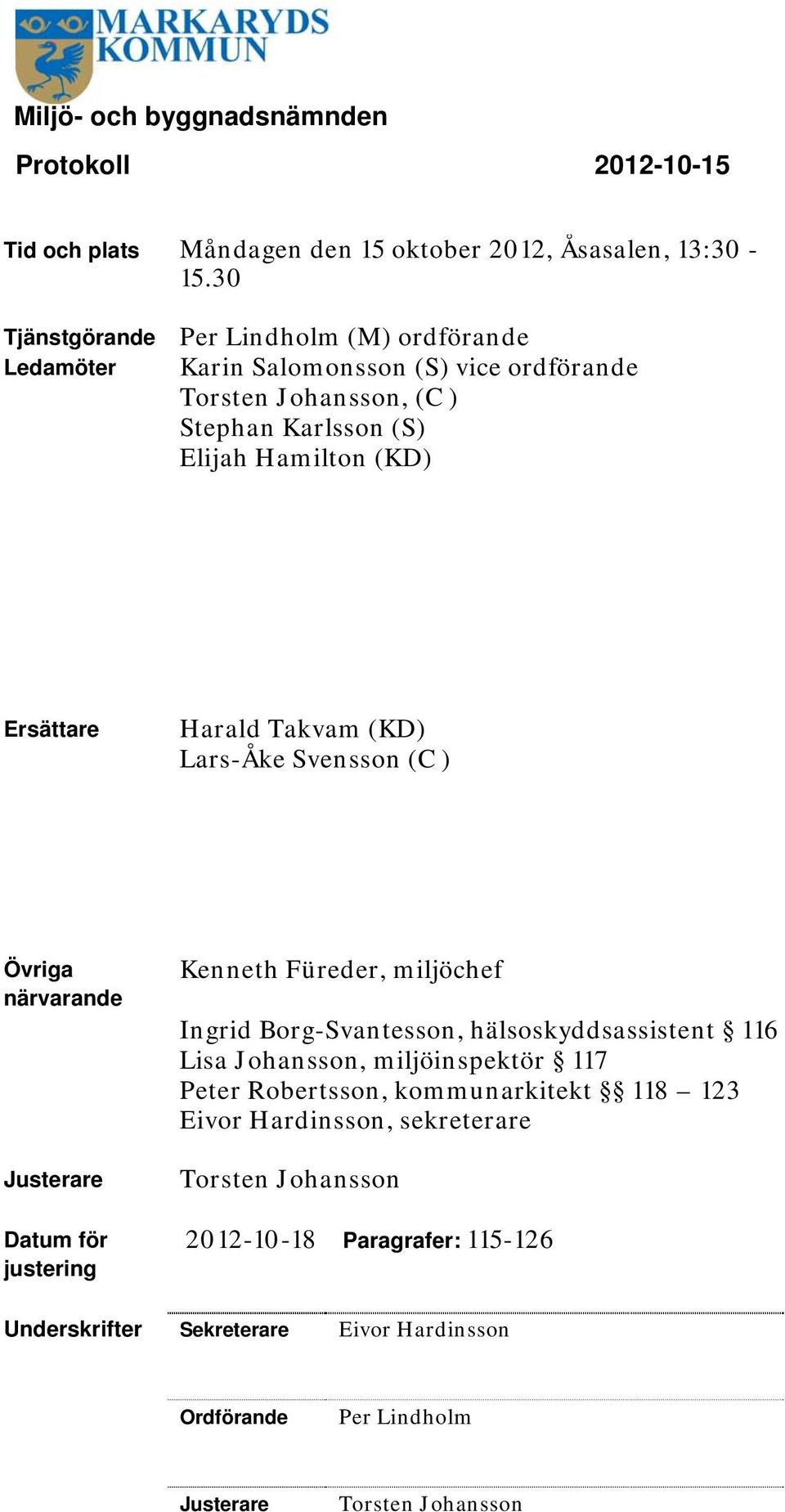 Ersättare Harald Takvam (KD) Lars-Åke Svensson (C ) Övriga närvarande Justerare Datum för justering Kenneth Füreder, miljöchef Ingrid Borg-Svantesson,