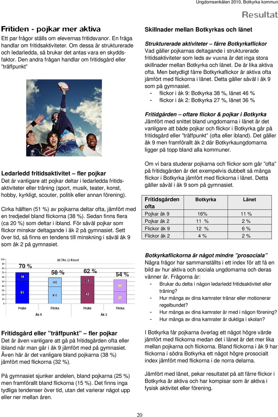 Den andra frågan handlar om fritidsgård eller träffpunkt Skillnader mellan Botkyrkas och länet Strukturerade aktiviteter färre Botkyrkaflickor Vad gäller pojkarnas deltagande i strukturerade