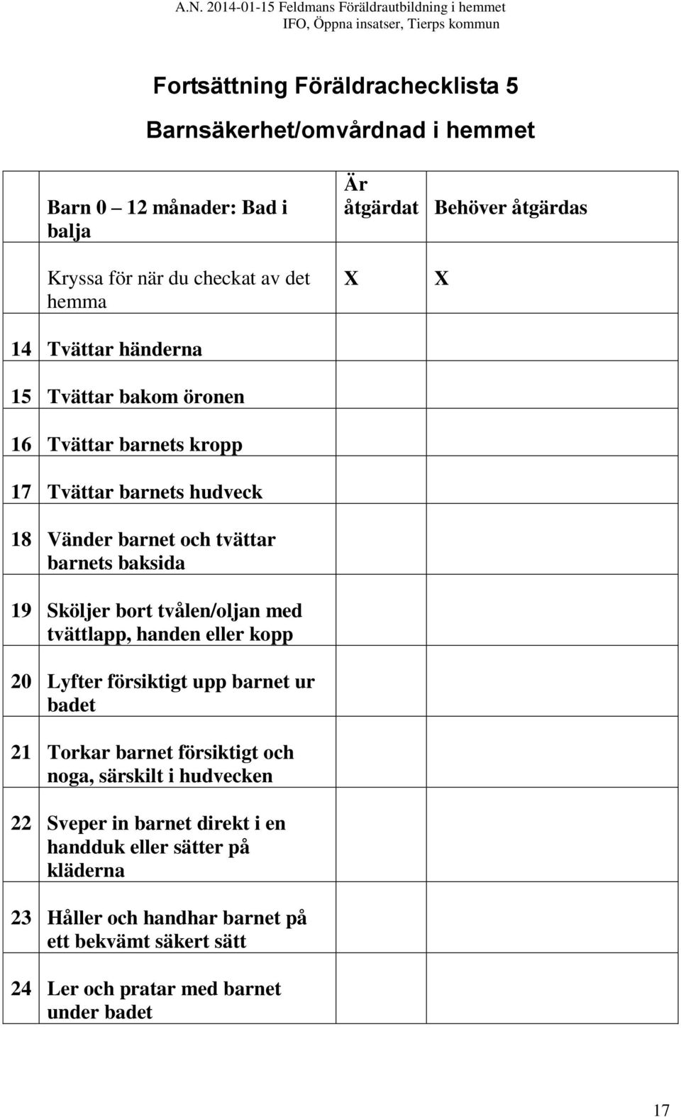 bort tvålen/oljan med tvättlapp, handen eller kopp 20 Lyfter försiktigt upp barnet ur badet 21 Torkar barnet försiktigt och noga, särskilt i hudvecken 22