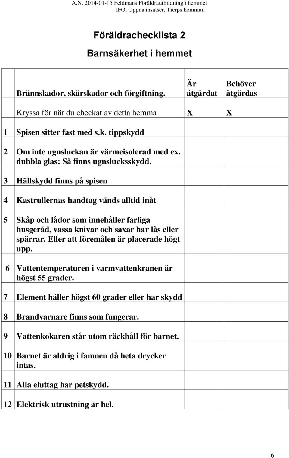 3 Hällskydd finns på spisen 4 Kastrullernas handtag vänds alltid inåt 5 Skåp och lådor som innehåller farliga husgeråd, vassa knivar och saxar har lås eller spärrar.