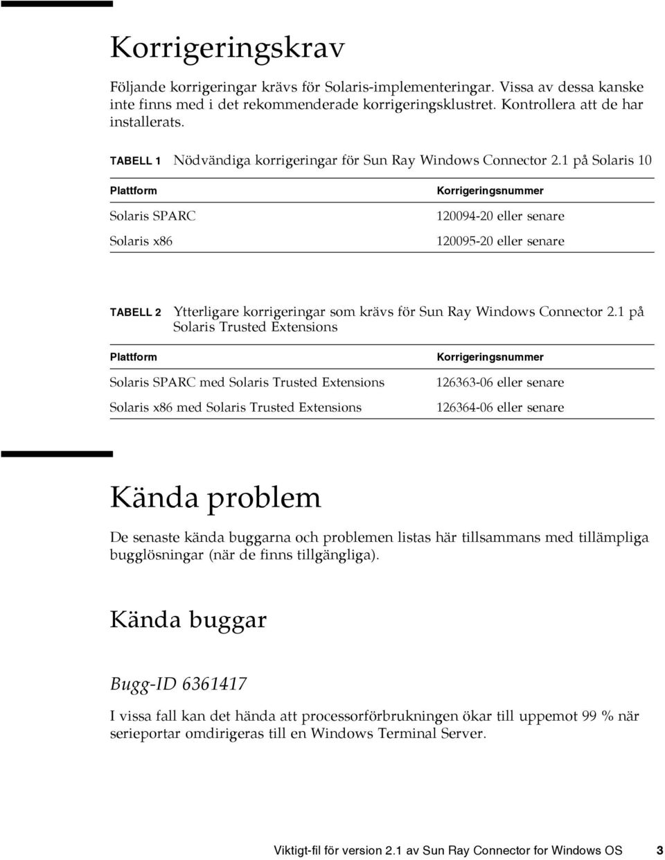 1 på Solaris 10 Plattform Solaris SPARC Solaris x86 Korrigeringsnummer 120094-20 eller senare 120095-20 eller senare TABELL 2 Plattform Ytterligare korrigeringar som krävs för Sun Ray Windows