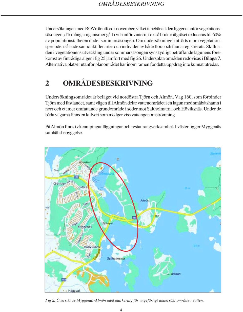 Skillnaden i vegetationens utveckling under sommarsäsongen syns tydligt beträffande lagunens förekomst av fintrådiga alger i fig 25 jämfört med fig 26. Undersökta områden redovisas i Bilaga 7.