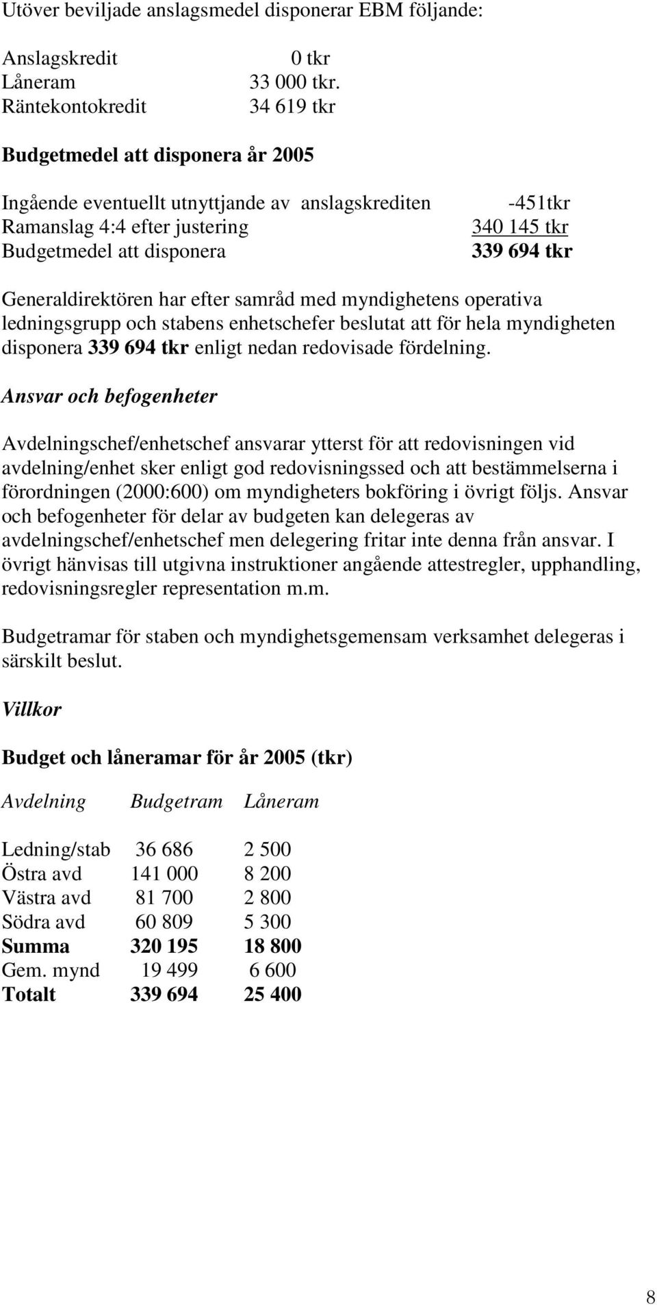 Generaldirektören har efter samråd med myndighetens operativa ledningsgrupp och stabens enhetschefer beslutat att för hela myndigheten disponera 339 694 tkr enligt nedan redovisade fördelning.