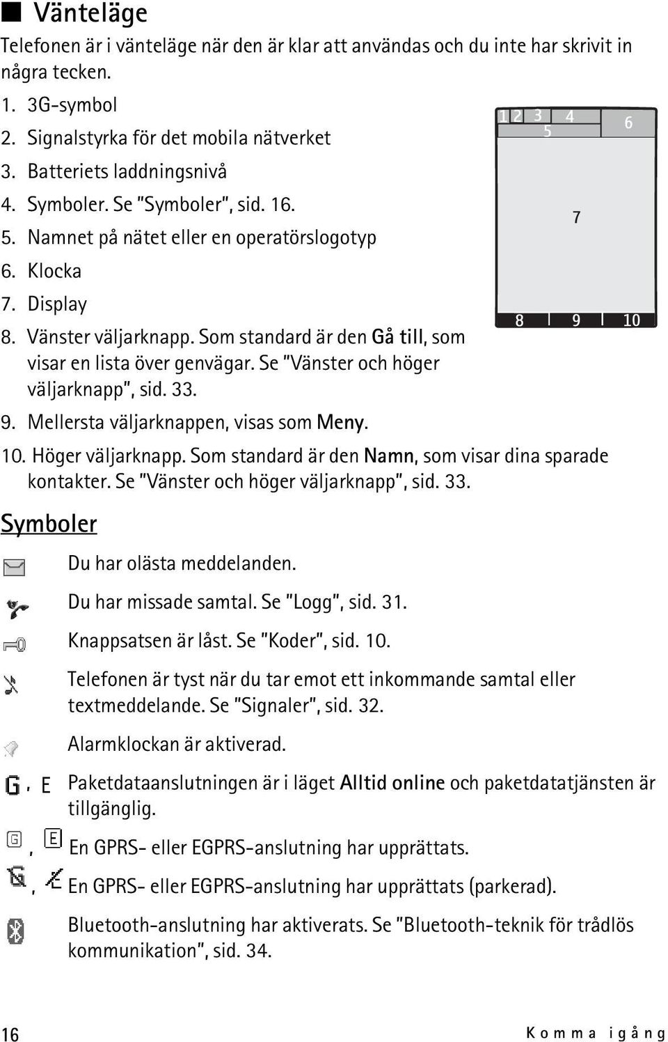 Se Vänster och höger väljarknapp, sid. 33. 9. Mellersta väljarknappen, visas som Meny. 10. Höger väljarknapp. Som standard är den Namn, som visar dina sparade kontakter.