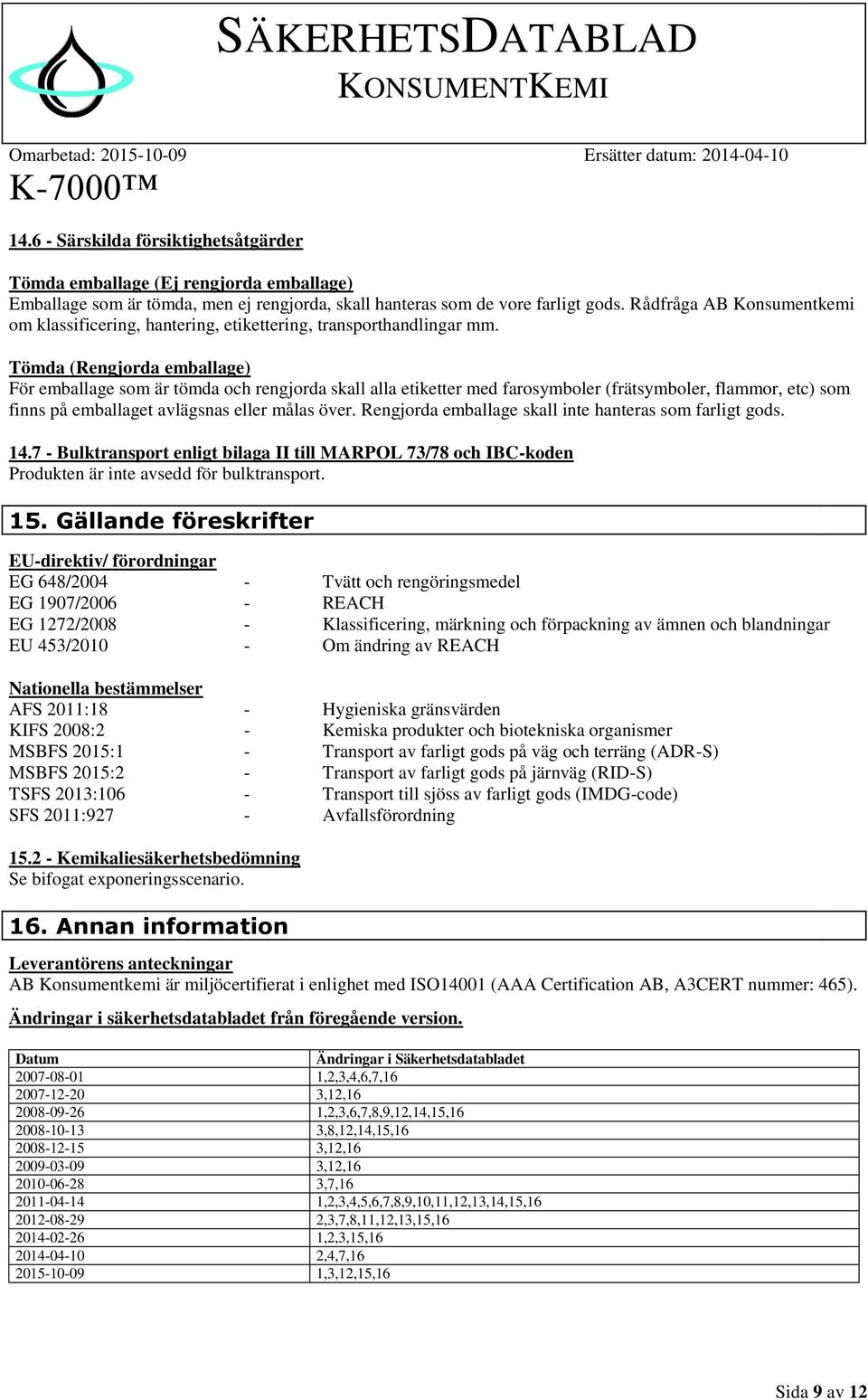 Tömda (Rengjorda emballage) För emballage som är tömda och rengjorda skall alla etiketter med farosymboler (frätsymboler, flammor, etc) som finns på emballaget avlägsnas eller målas över.
