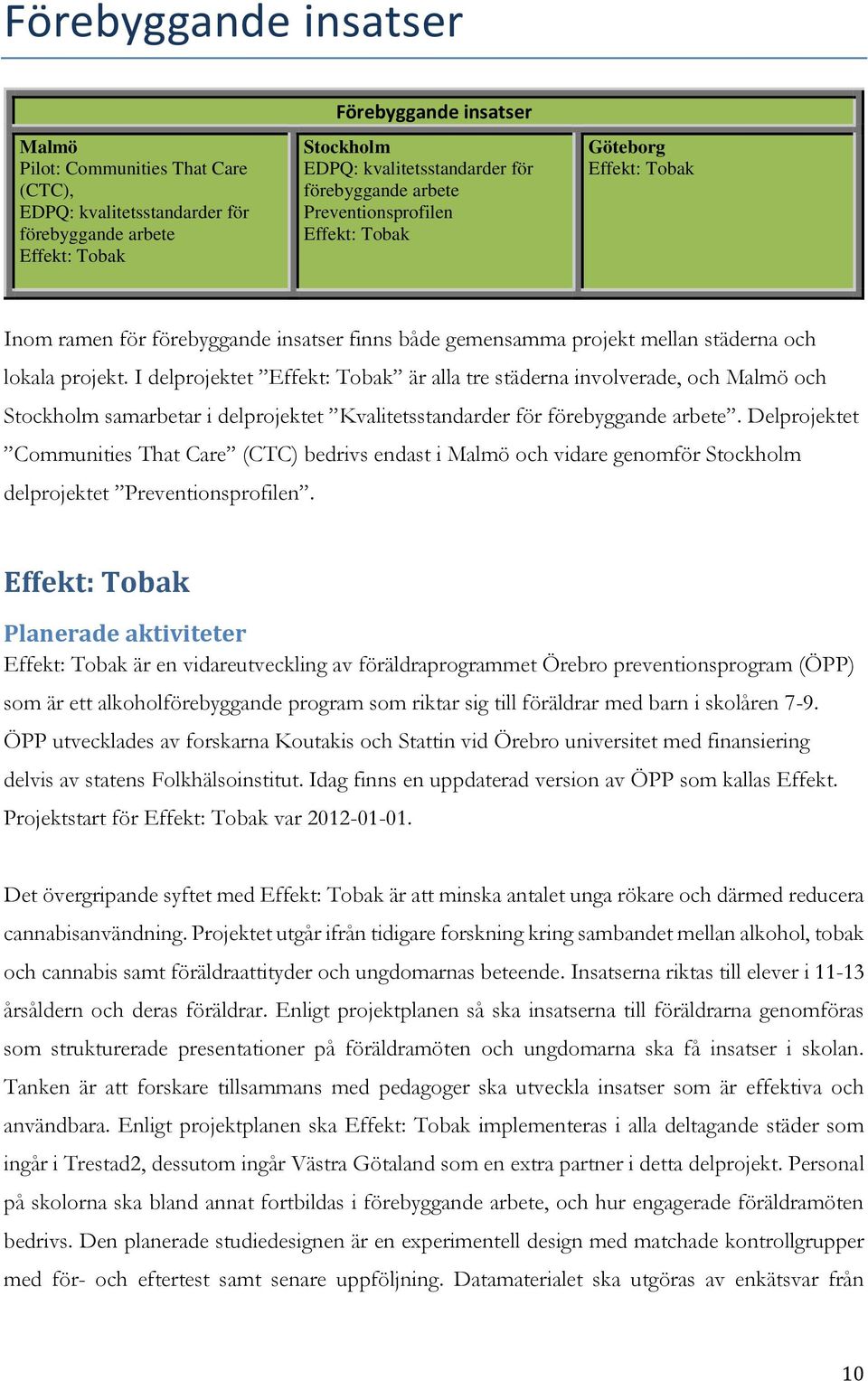 I delprojektet Effekt: Tobak är alla tre städerna involverade, och Malmö och Stockholm samarbetar i delprojektet Kvalitetsstandarder för förebyggande arbete.