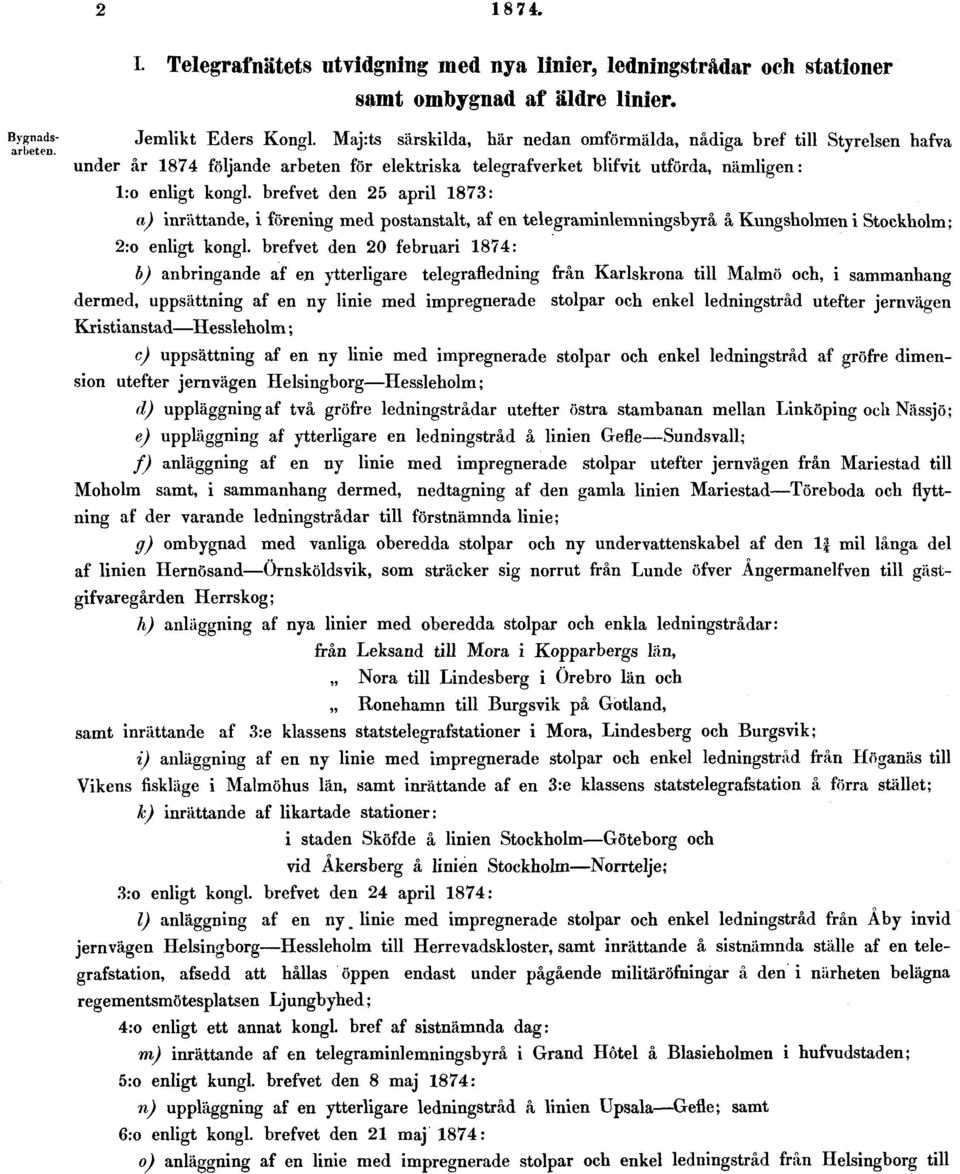 brefvet den 25 april 1873: a) inrättande, i förening med postanstalt, af en telegraminlemningsbyrå å Kungsholmen i Stockholm; 2:o enligt kongl.