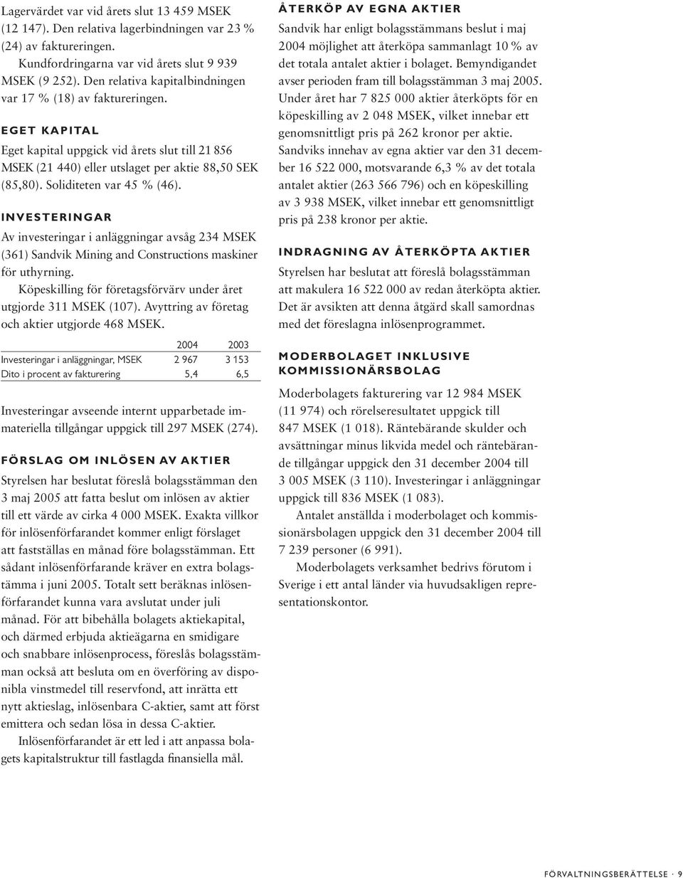 Soliditeten var 45 % (46). INVESTERINGAR Av investeringar i anläggningar avsåg 234 MSEK (361) Sandvik Mining and Constructions maskiner för uthyrning.