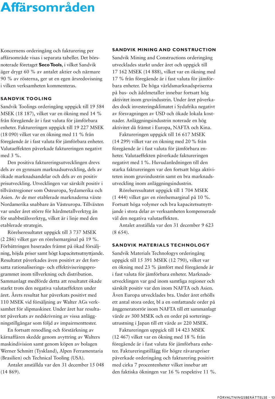 SANDVIK TOOLING Sandvik Toolings orderingång uppgick till 19 584 MSEK (18 187), vilket var en ökning med 14 % från föregående år i fast valuta för jämförbara enheter.