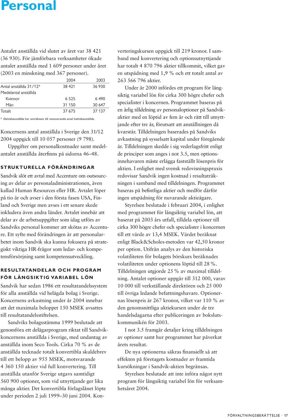 Koncernens antal anställda i Sverige den 31/12 2004 uppgick till 10 057 personer (9 798). Uppgifter om personalkostnader samt medelantalet anställda återfinns på sidorna 46 48.