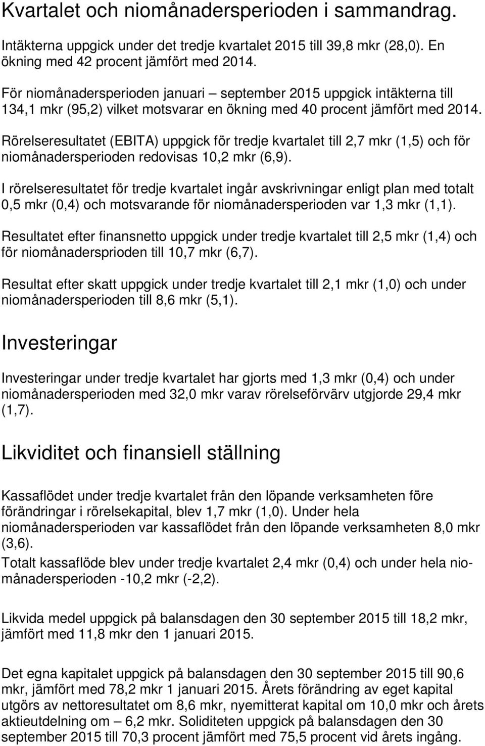 Rörelseresultatet (EBITA) uppgick för tredje kvartalet till 2,7 mkr (1,5) och för niomånadersperioden redovisas 10,2 mkr (6,9).