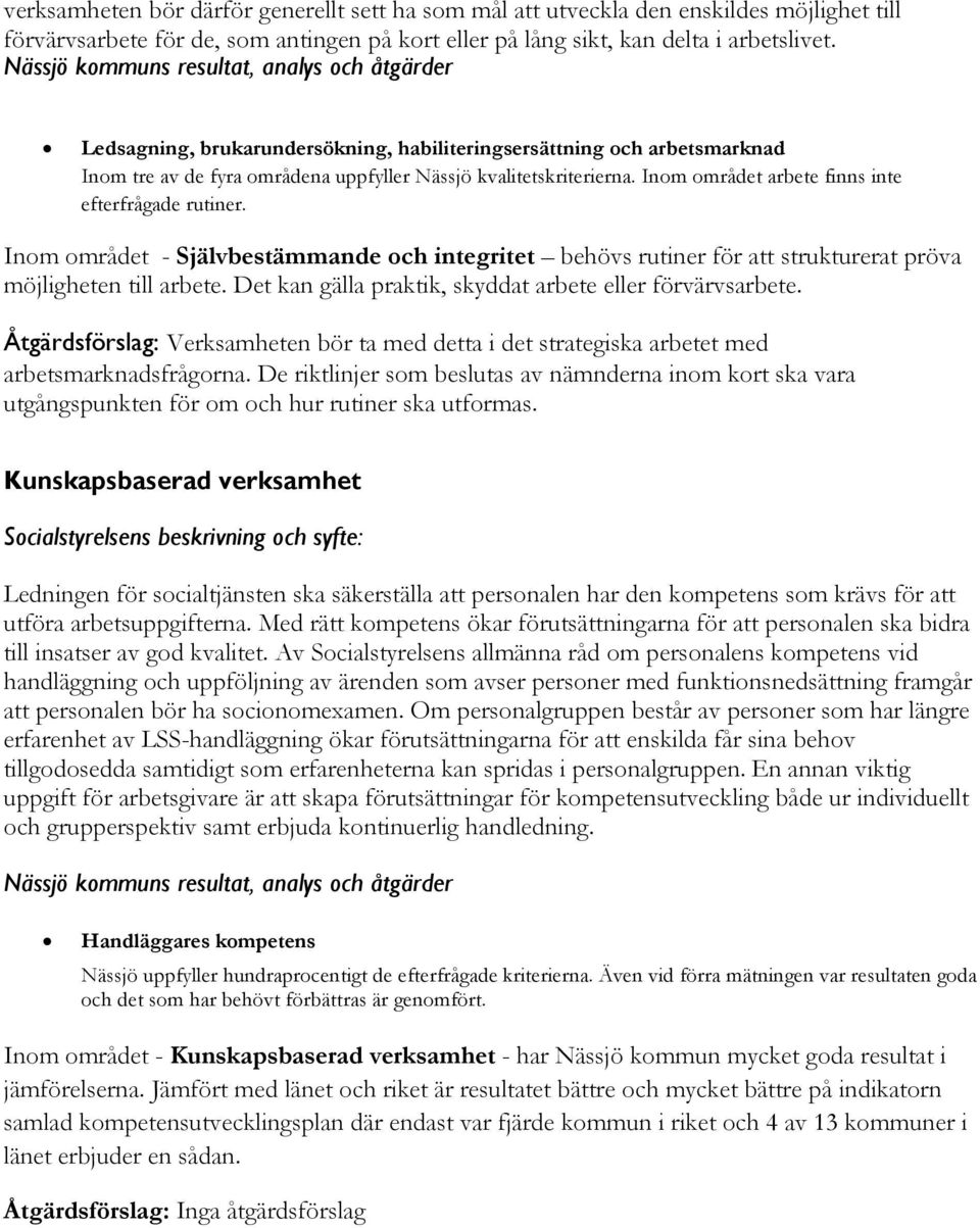 Inom området - Självbestämmande och integritet behövs rutiner för att strukturerat pröva möjligheten till arbete. Det kan gälla praktik, skyddat arbete eller förvärvsarbete.