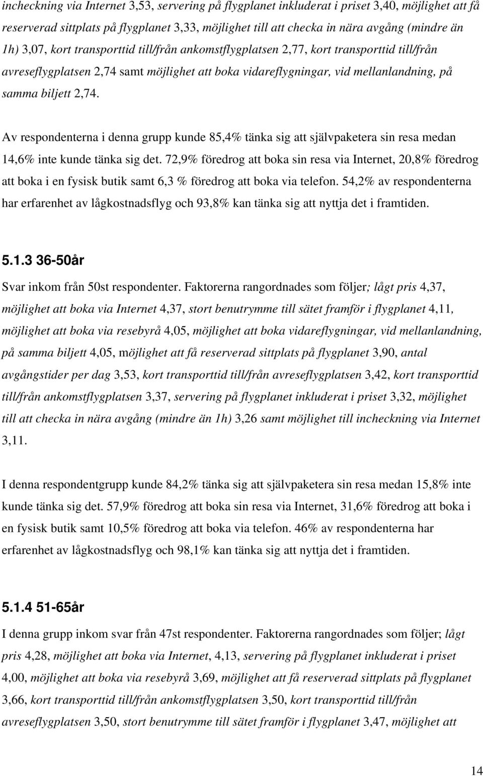 Av respondenterna i denna grupp kunde 85,4% tänka sig att självpaketera sin resa medan 14,6% inte kunde tänka sig det.