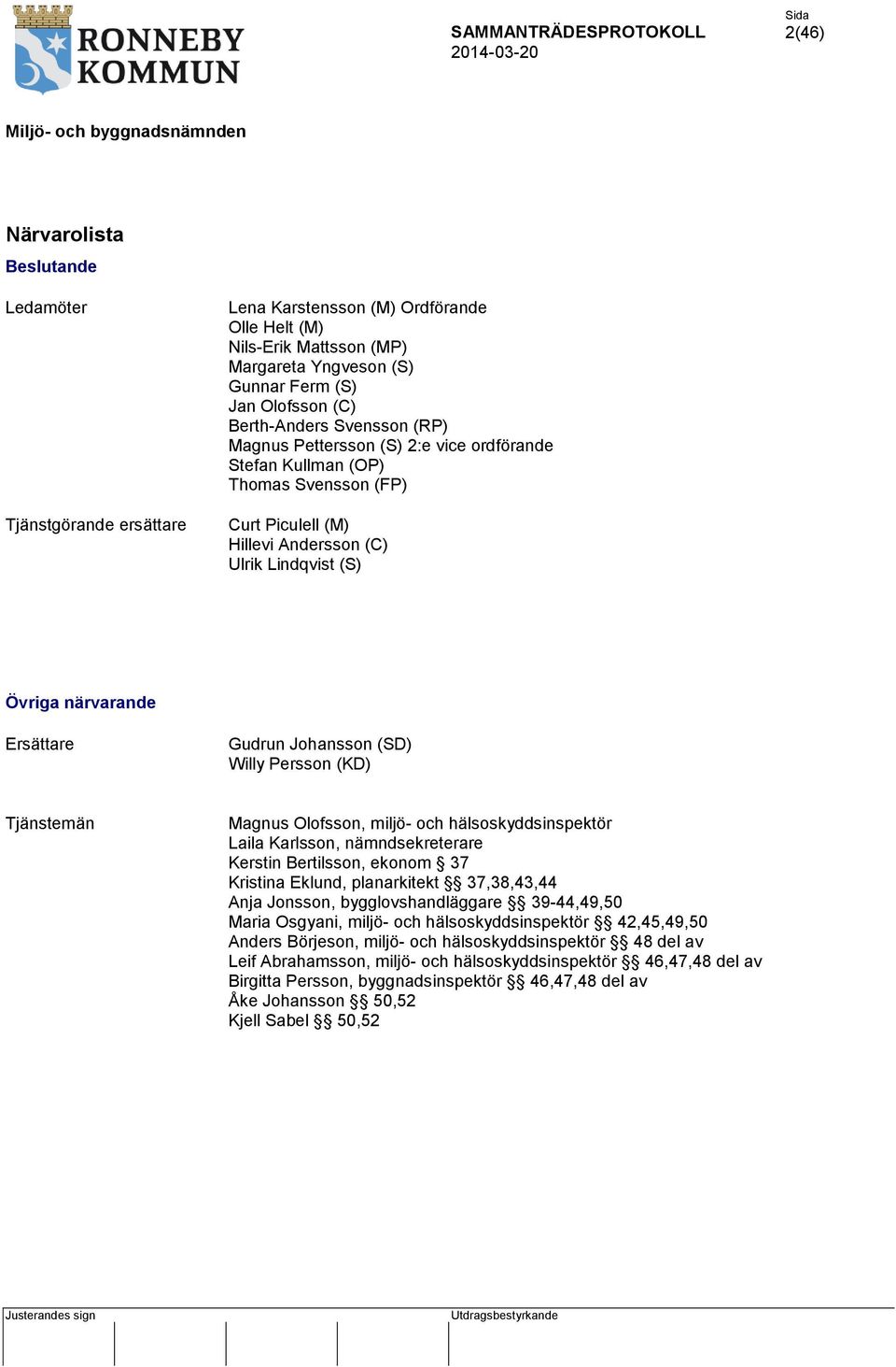 Gudrun Johansson (SD) Willy Persson (KD) Tjänstemän Magnus Olofsson, miljö- och hälsoskyddsinspektör Laila Karlsson, nämndsekreterare Kerstin Bertilsson, ekonom 37 Kristina Eklund, planarkitekt
