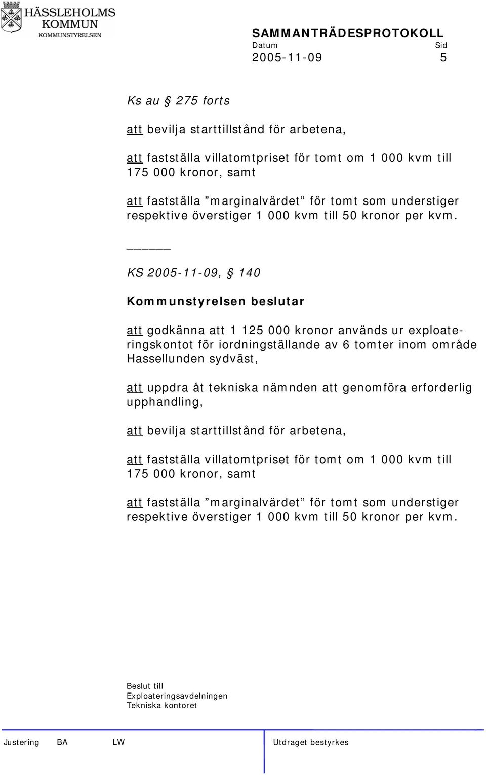 KS 2005-11-09, 140 Kommunstyrelsen beslutar att godkänna att 1 125 000 kronor används ur exploateringskontot för iordningställande av 6 tomter inom område Hassellunden sydväst, att uppdra åt