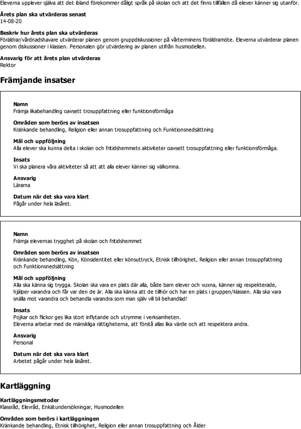 Eleverna utvärderar planen genom diskussioner i klassen. Personalen gör utvärdering av planen utifrån husmodellen.