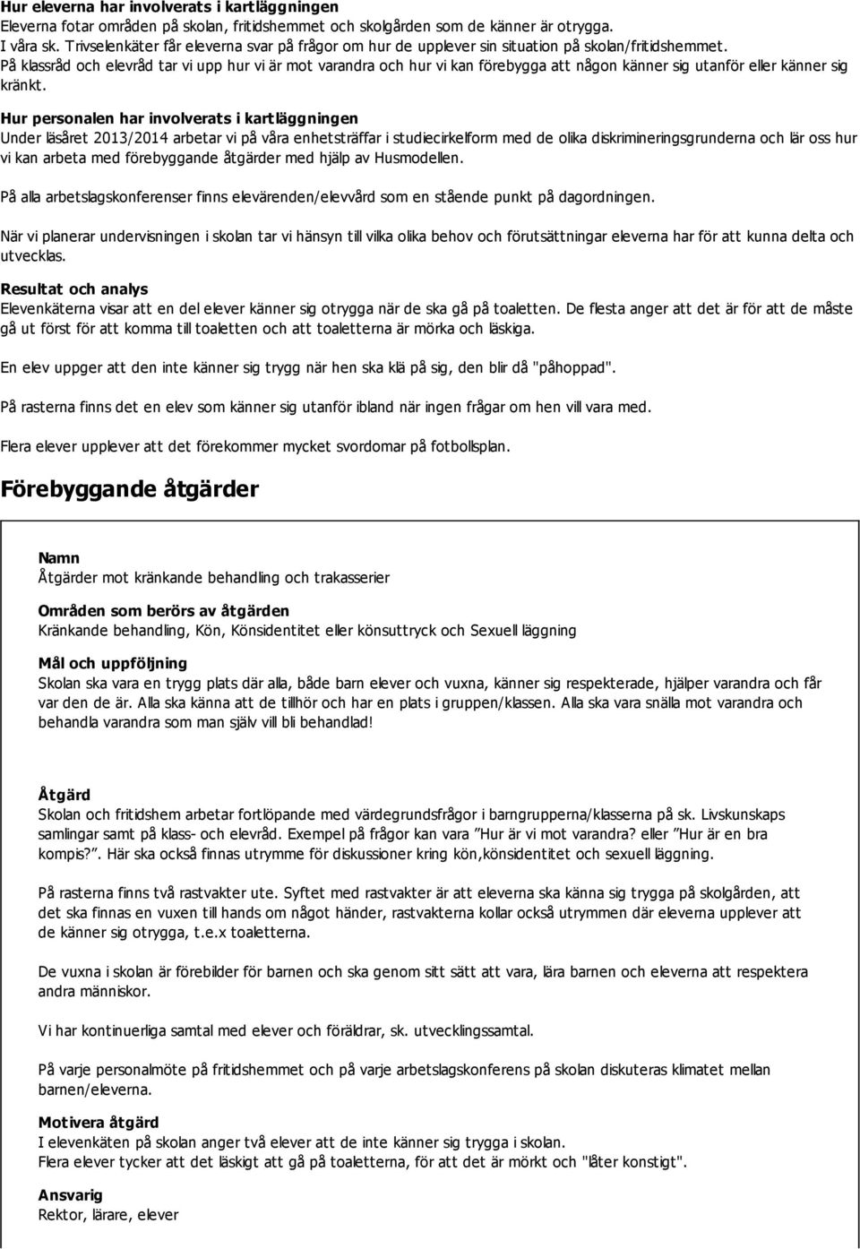 På klassråd och elevråd tar vi upp hur vi är mot varandra och hur vi kan förebygga att någon känner sig utanför eller känner sig kränkt.