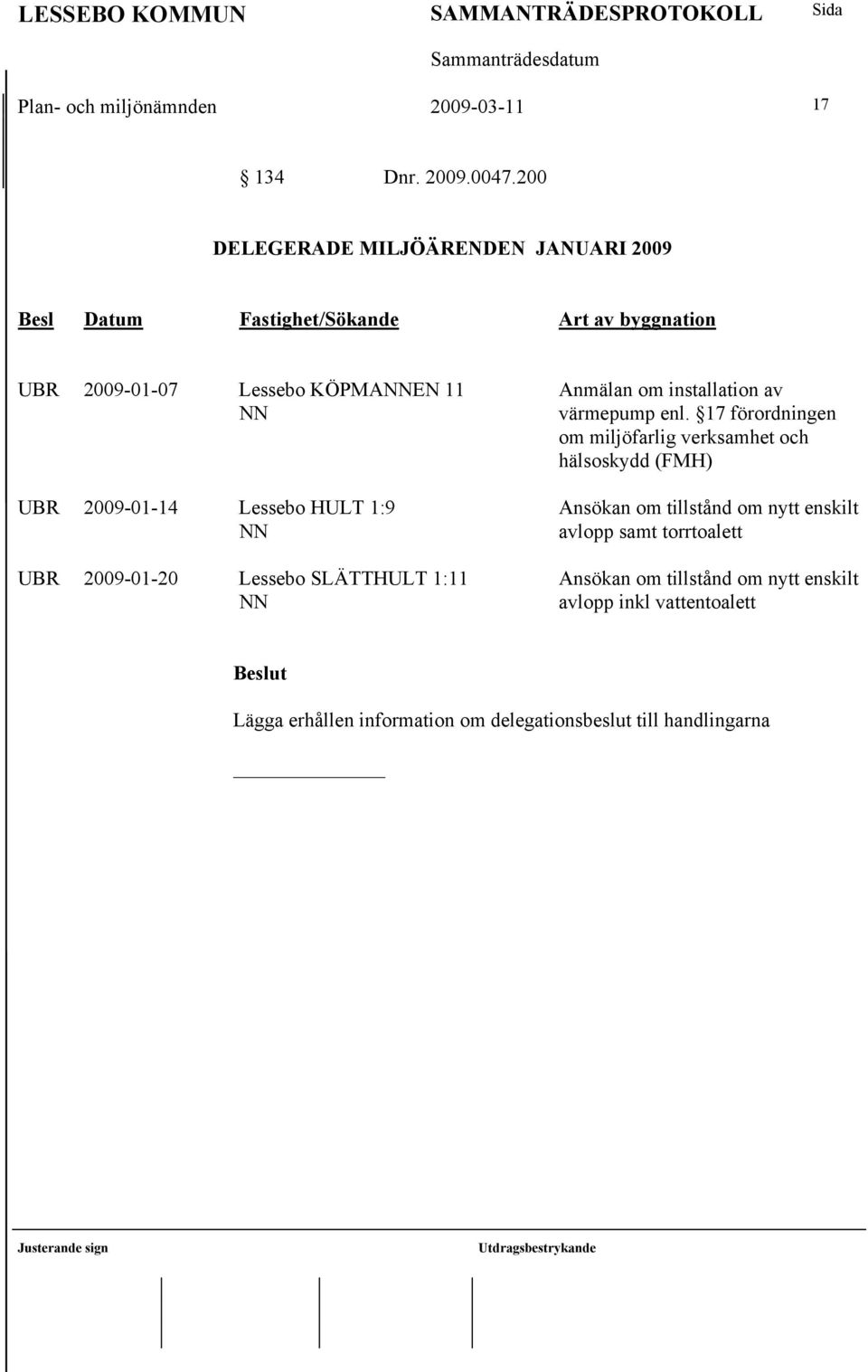 2009-01-14 Lessebo HULT 1:9 UBR 2009-01-20 Lessebo SLÄTTHULT 1:11 Anmälan om installation av värmepump enl.