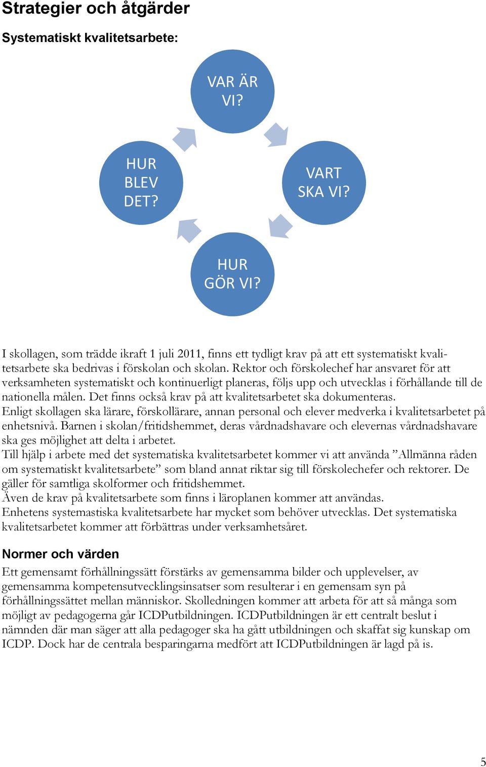 Rektor och förskolechef har ansvaret för att verksamheten systematiskt och kontinuerligt planeras, följs upp och utvecklas i förhållande till de nationella målen.