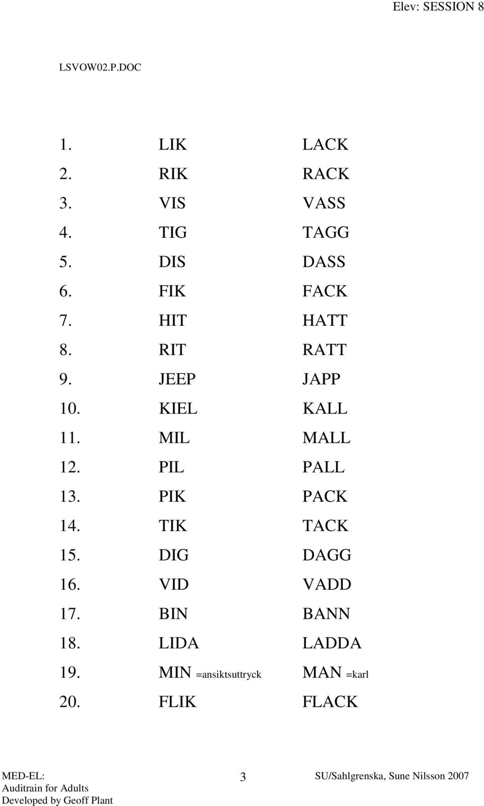 KIEL KALL 11. MIL MALL 12. PIL PALL 13. PIK PACK 14. TIK TACK 15.