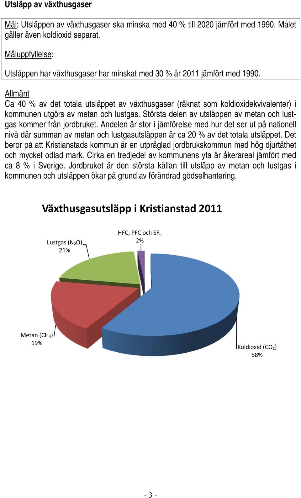 Allmänt Ca 40 % av det totala utsläppet av växthusgaser (räknat som koldioxidekvivalenter) i kommunen utgörs av metan och lustgas.