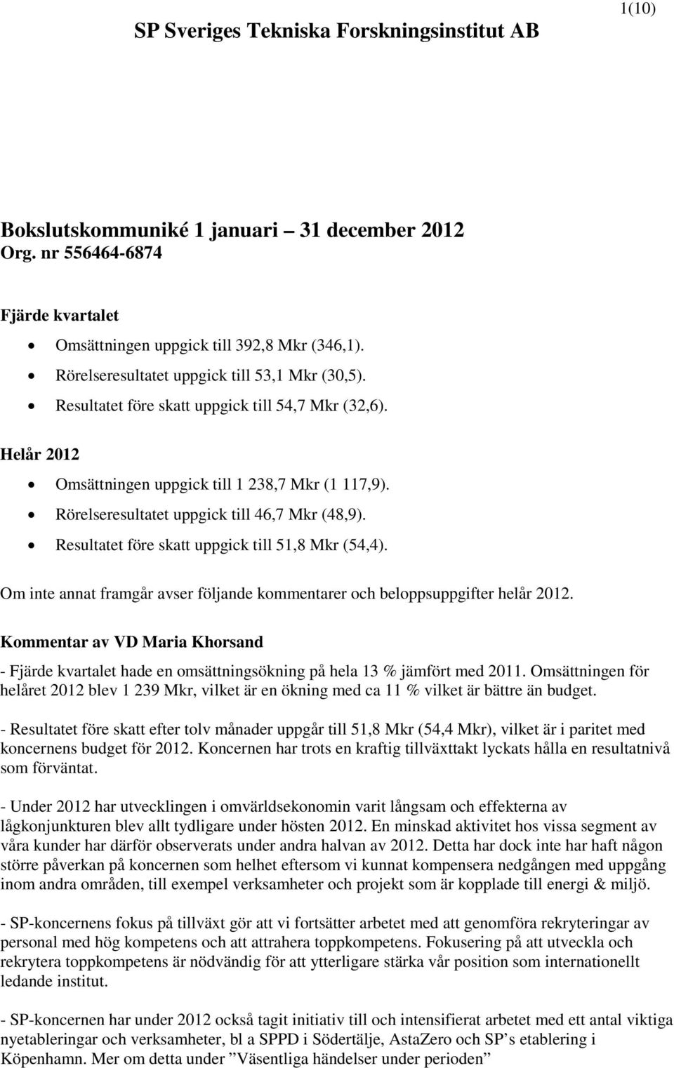 Rörelseresultatet uppgick till 46,7 Mkr (48,9). Resultatet före skatt uppgick till 51,8 Mkr (54,4). Om inte annat framgår avser följande kommentarer och beloppsuppgifter helår 2012.