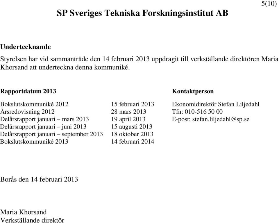 Rapportdatum 2013 Kontaktperson Bokslutskommuniké 2012 15 februari 2013 Ekonomidirektör Stefan Liljedahl Årsredovisning 2012 28 mars 2013 Tfn: 010-516 50 00