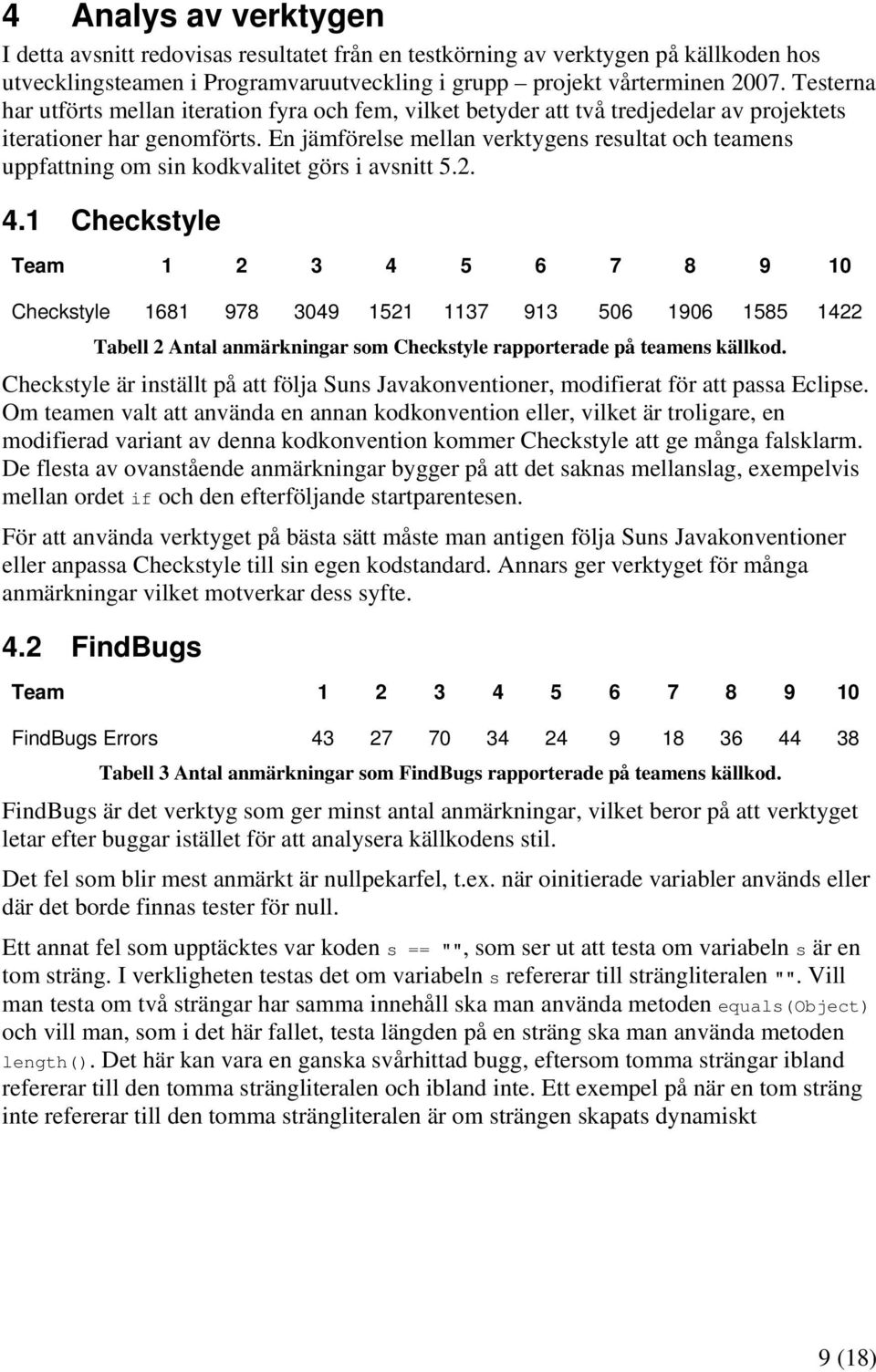 En jämförelse mellan verktygens resultat och teamens uppfattning om sin kodkvalitet görs i avsnitt 5.2. 4.