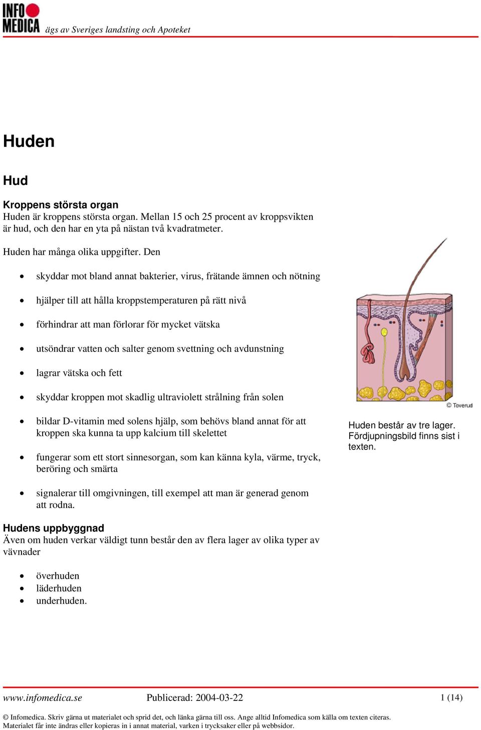 salter genom svettning och avdunstning lagrar vätska och fett skyddar kroppen mot skadlig ultraviolett strålning från solen bildar D-vitamin med solens hjälp, som behövs bland annat för att kroppen