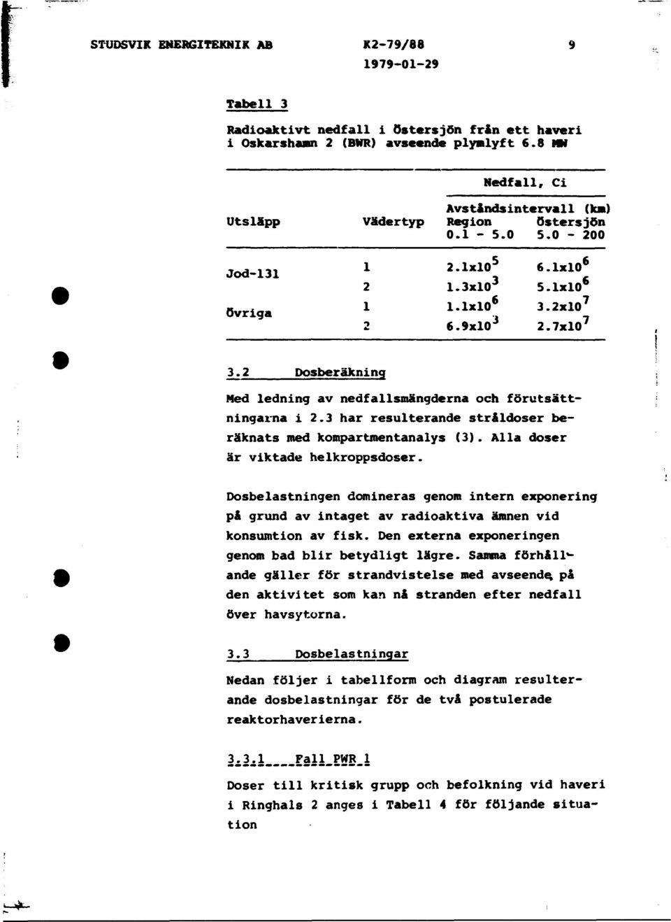 Dosberäkninq Ned ledning av nedfallsnängderna och förutsättningarna i.3 har resulterande stråldoser beräknats med kompartmentanalys (3). Alla doser är viktade helkroppsdoser.