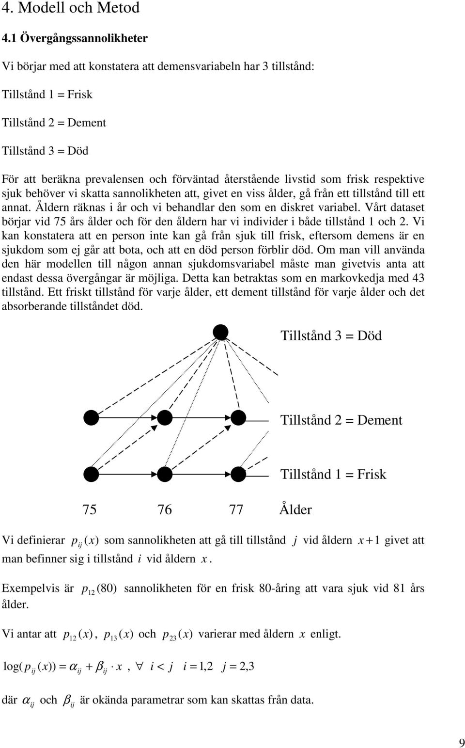 livstid som frisk respektive sjuk behöver vi skatta sannolikheten att, givet en viss ålder, gå från ett tillstånd till ett annat. Åldern räknas i år och vi behandlar den som en diskret variabel.