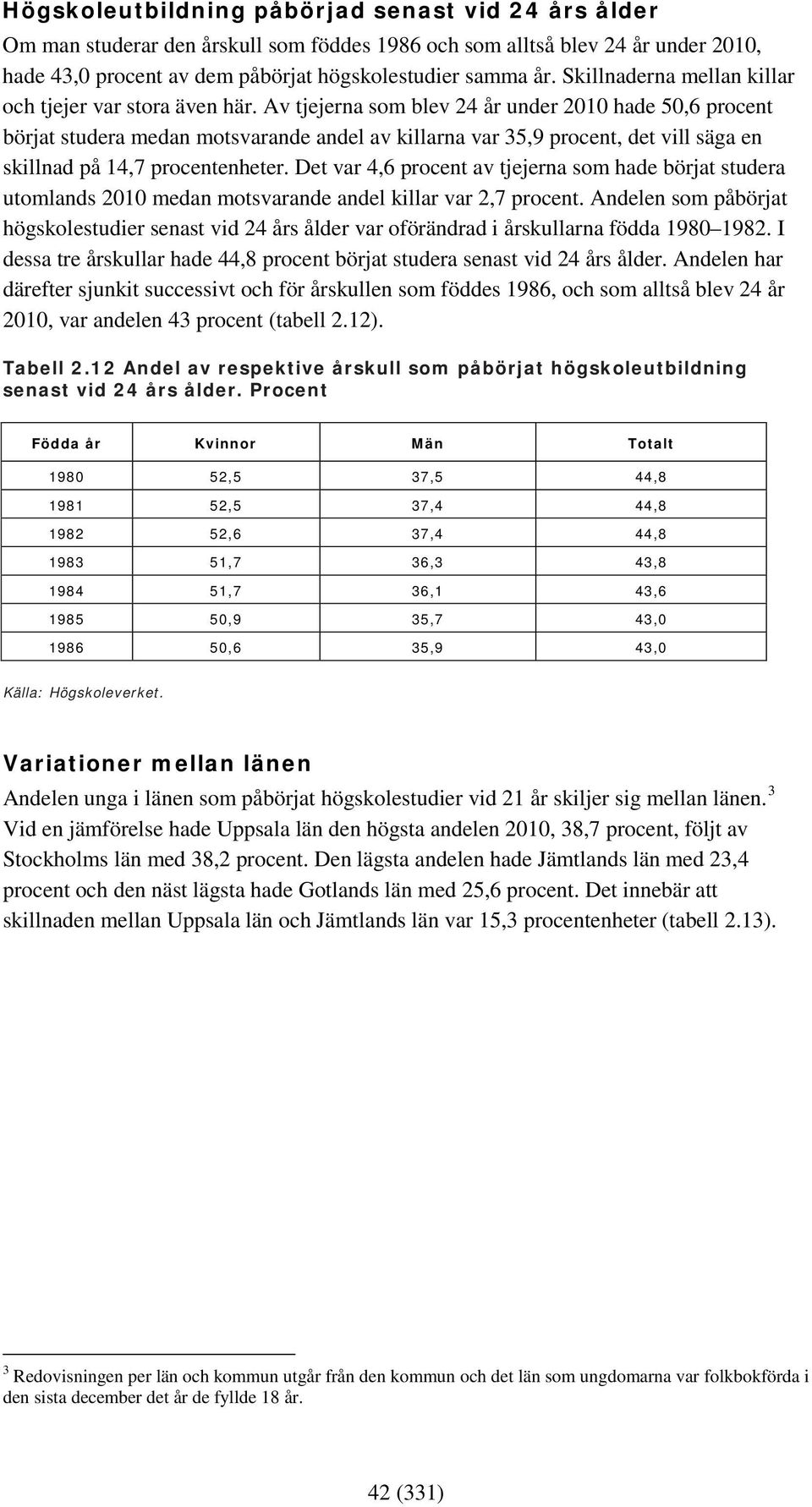 Av tjejerna som blev 24 år under 2010 hade 50,6 procent börjat studera medan motsvarande andel av killarna var 35,9 procent, det vill säga en skillnad på 14,7 procentenheter.