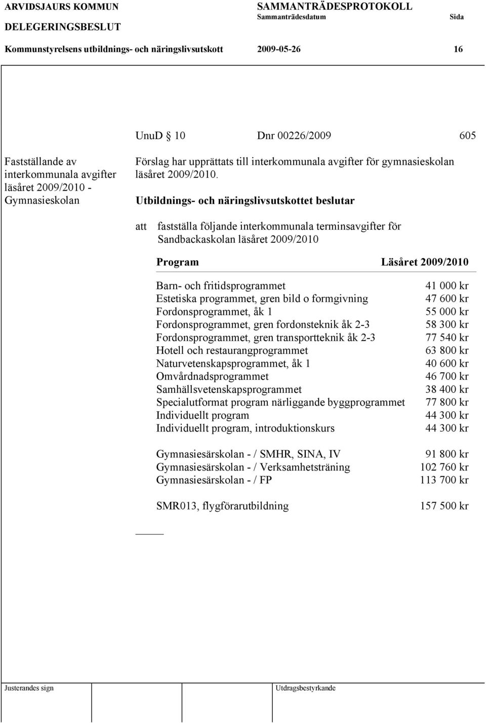 Utbildnings- och näringslivsutskottet beslutar att fastställa följande interkommunala terminsavgifter för Sandbackaskolan läsåret 2009/2010 Program Läsåret 2009/2010 Barn- och fritidsprogrammet