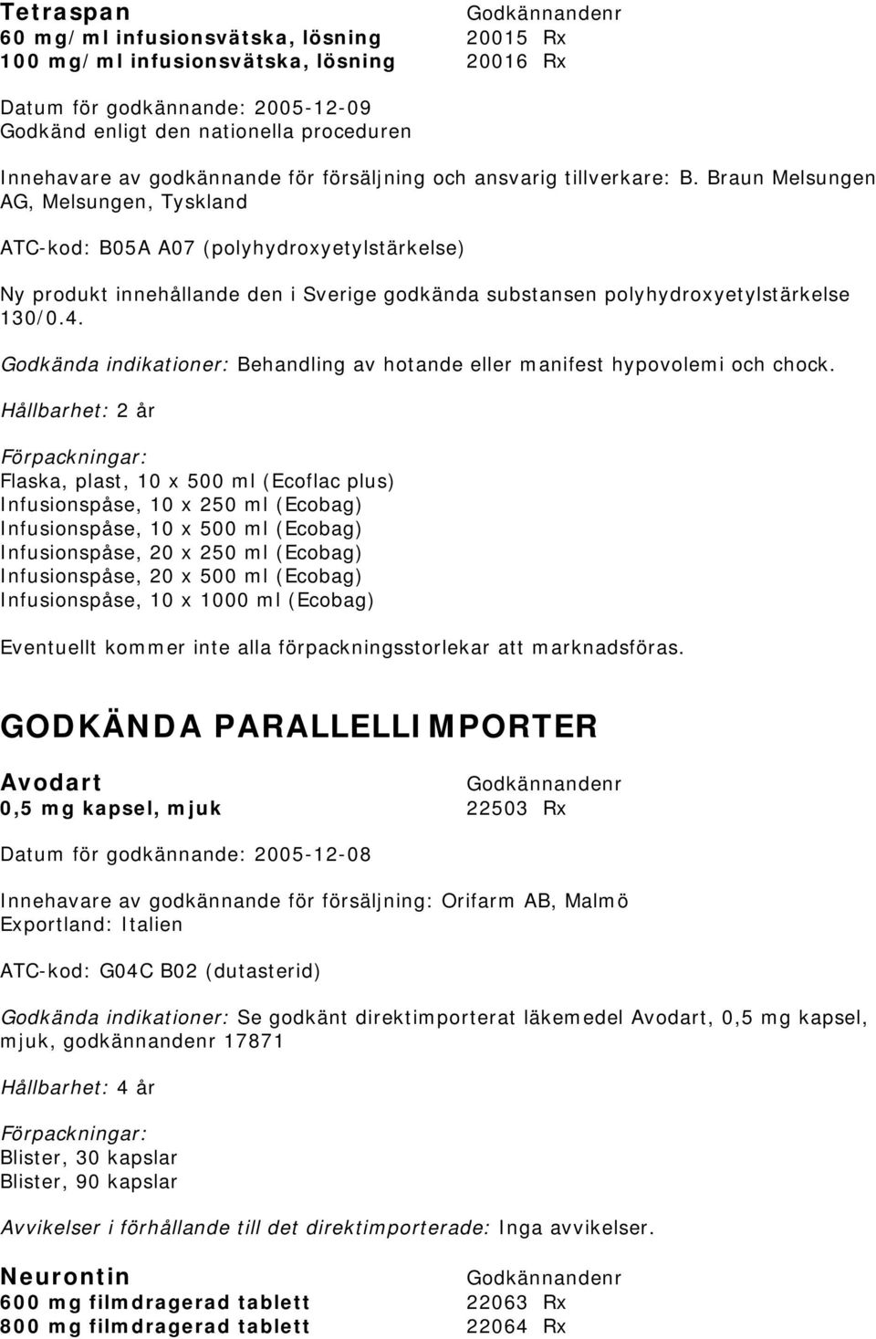 Godkända indikationer: Behandling av hotande eller manifest hypovolemi och chock.