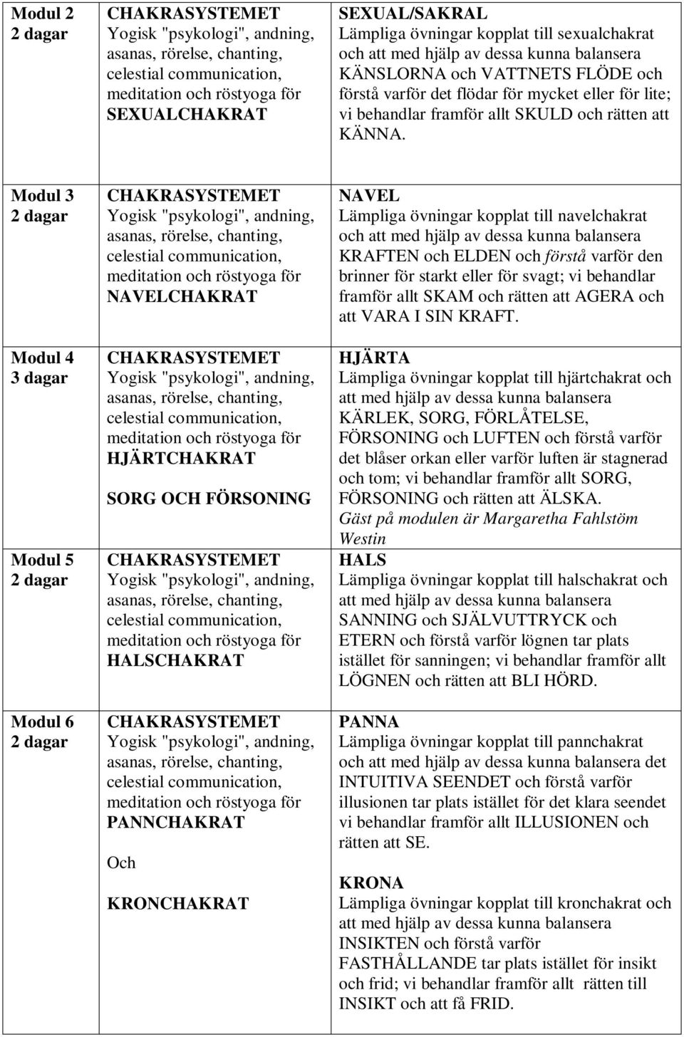 Modul 3 Modul 4 3 dagar Modul 5 Modul 6 CHAKRASYSTEMET Yogisk "psykologi", andning, asanas, rörelse, chanting, celestial communication, meditation och röstyoga för NAVELCHAKRAT CHAKRASYSTEMET Yogisk