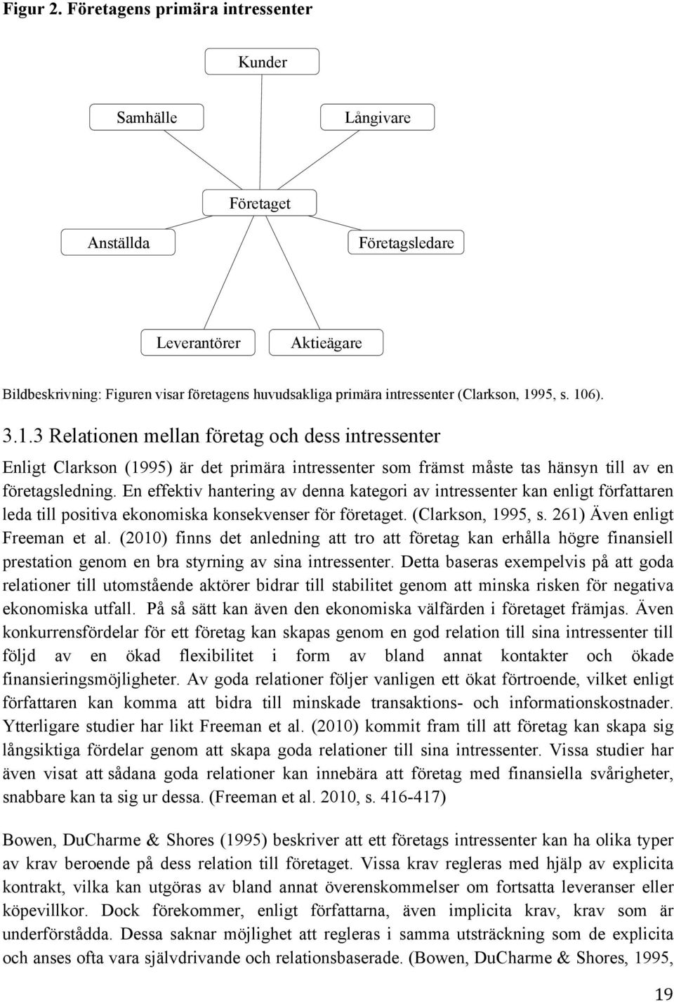 (Clarkson, 1995, s. 106). 3.1.3 Relationen mellan företag och dess intressenter Enligt Clarkson (1995) är det primära intressenter som främst måste tas hänsyn till av en företagsledning.