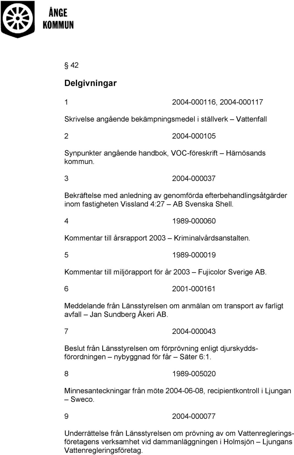 5 1989-000019 Kommentar till miljörapport för år 2003 Fujicolor Sverige AB. 6 2001-000161 Meddelande från Länsstyrelsen om anmälan om transport av farligt avfall Jan Sundberg Åkeri AB.