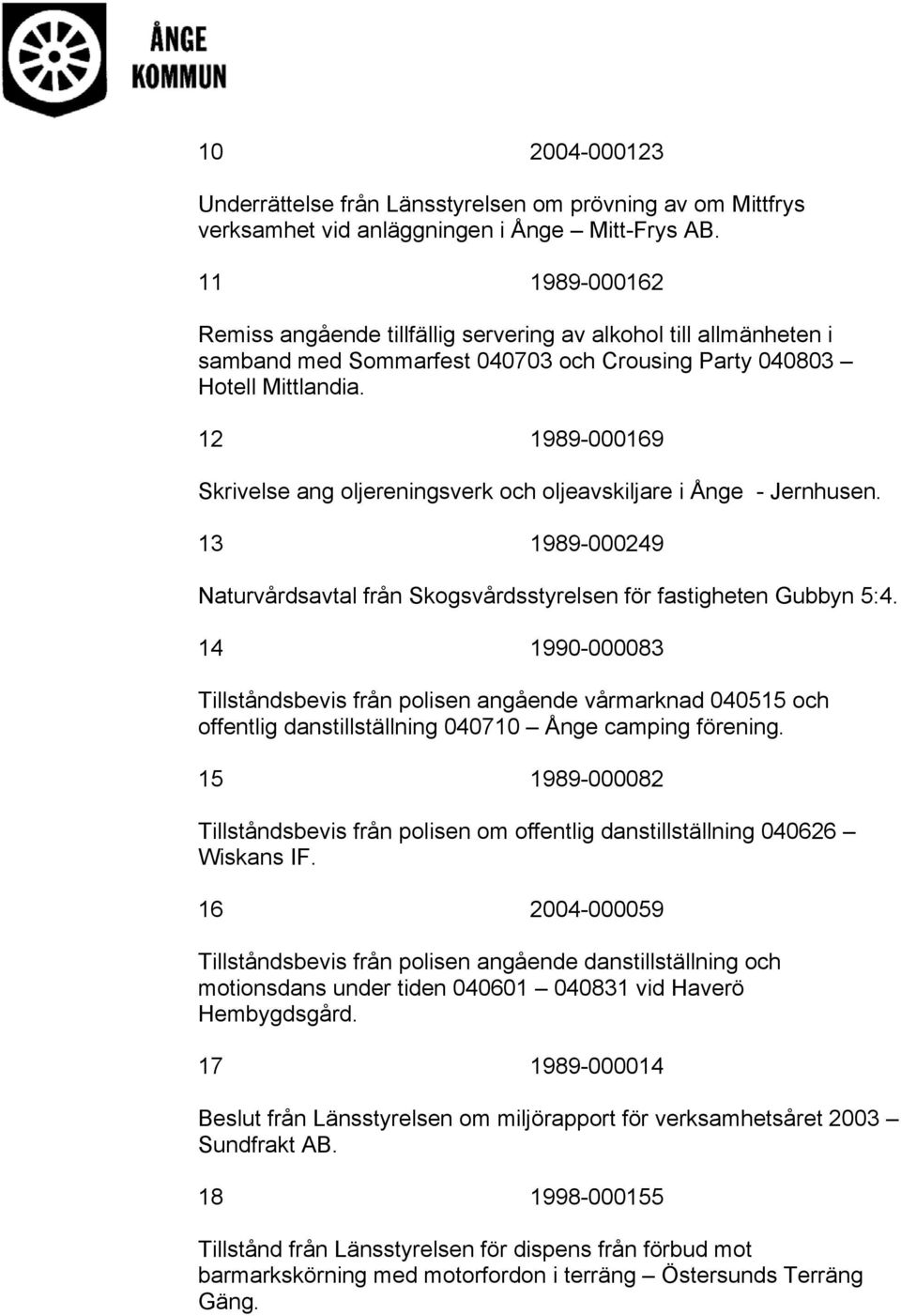 12 1989-000169 Skrivelse ang oljereningsverk och oljeavskiljare i Ånge - Jernhusen. 13 1989-000249 Naturvårdsavtal från Skogsvårdsstyrelsen för fastigheten Gubbyn 5:4.