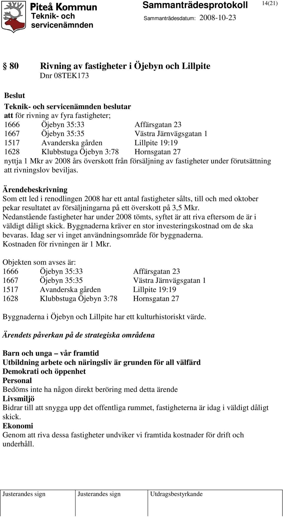 Som ett led i renodlingen 2008 har ett antal fastigheter sålts, till och med oktober pekar resultatet av försäljningarna på ett överskott på 3,5 Mkr.